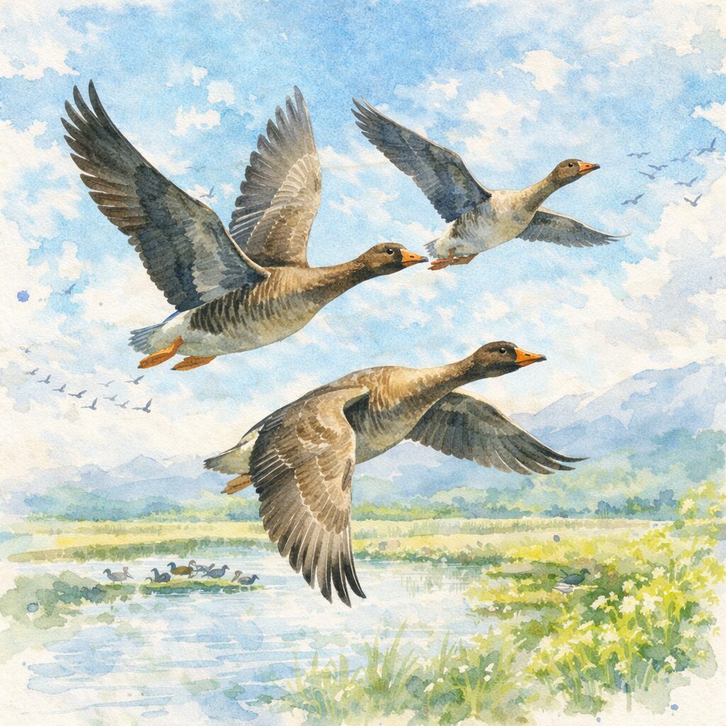 北への渡りを行う雁の群れ 清明