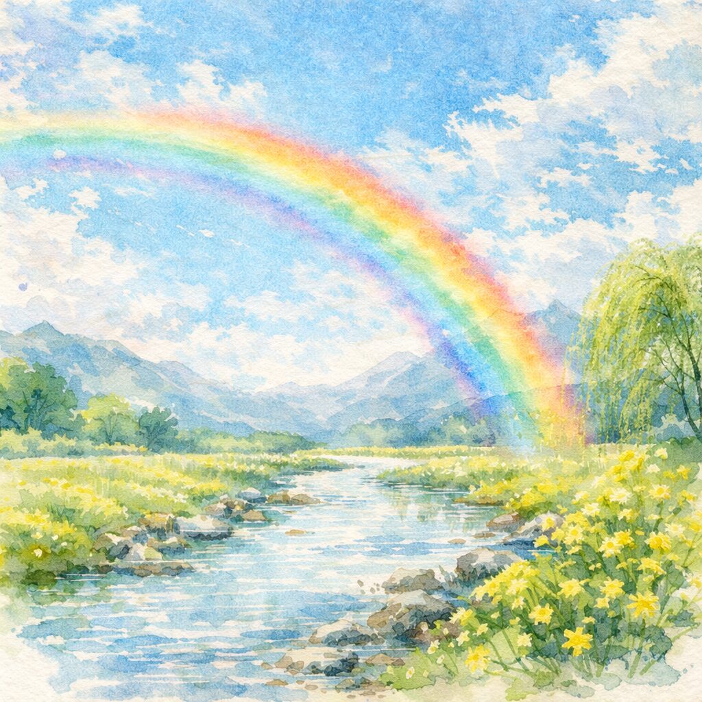 虹のかかる風景と春の花 清明